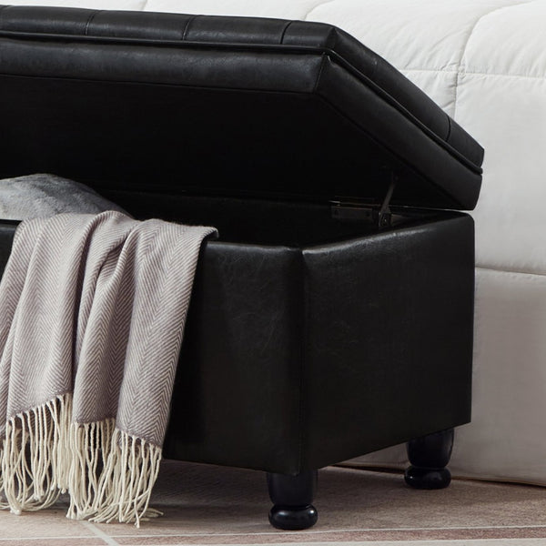 English Elm Upholstered Tufted Linen Storage Bench with Spindle Legs for Bedroom Entryway W2186P151305