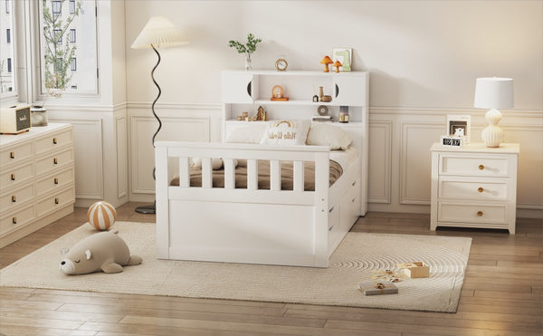 English Elm Twin Captain Platform Bed Frame with Built-In Bookcase, Four Drawers & Slat Support for Storage White GX001828AAK