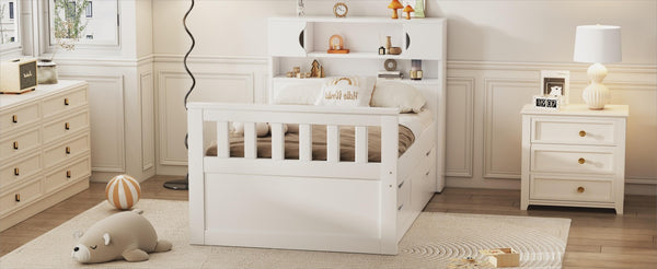 English Elm Twin Captain Platform Bed Frame with Built-In Bookcase, Four Drawers & Slat Support for Storage White GX001828AAK