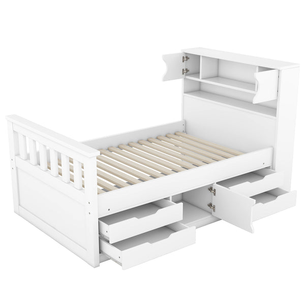 English Elm Twin Captain Platform Bed Frame with Built-In Bookcase, Four Drawers & Slat Support for Storage White GX001828AAK