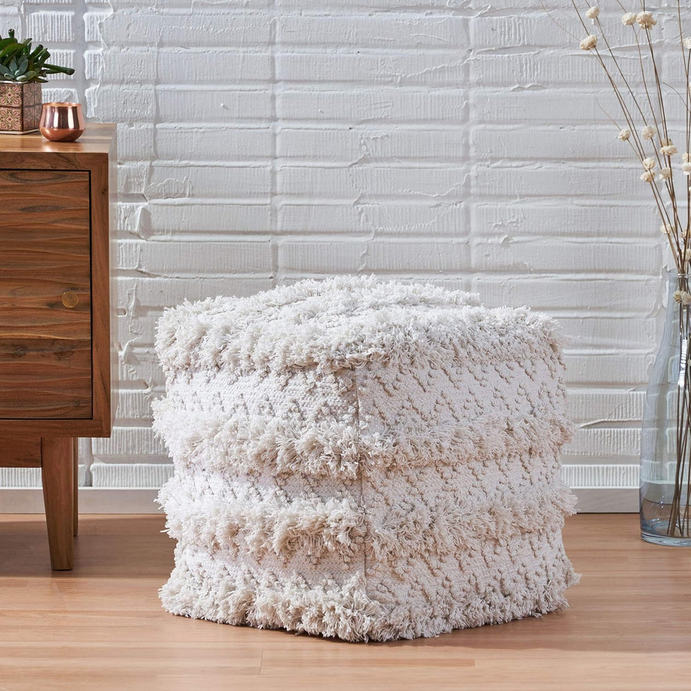 English Elm Christopher Knight Home® - WOVEN Cotton Pouf White Handwoven Boho Tufted Diamond Accent Cube Removable Cover, 18" Durable 67855.00
