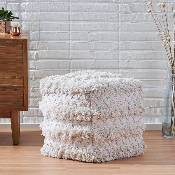 English Elm Christopher Knight Home® - WOVEN Cotton Pouf White Handwoven Boho Tufted Diamond Accent Cube Removable Cover, 18" Durable 67855.00