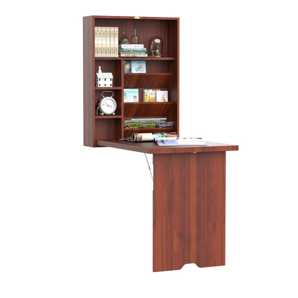 English Elm HOMCOM Fold-Up Wall Desk with Shelves - Space-Saving Floating Computer Table, Adjustable Storage, Mahogany Finish W2225P156393