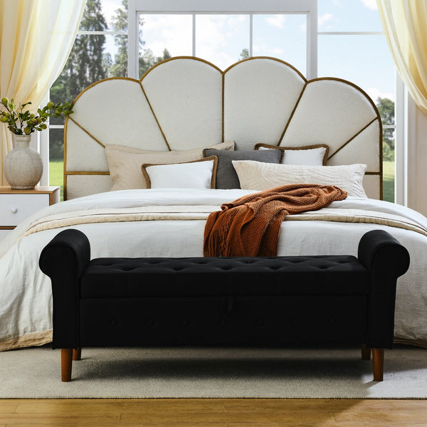 English Elm 62" Tufted Button Storage Bench with Rolled Arms, Canvas Upholstered Ottoman for Entryway & Bedroom Black W1853141522