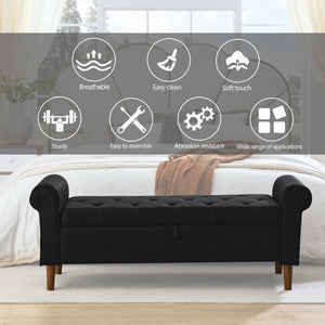 English Elm 62" Tufted Button Storage Bench with Rolled Arms, Canvas Upholstered Ottoman for Entryway & Bedroom Black W1853141522