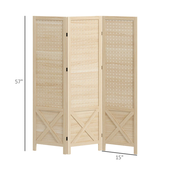 English Elm HOMCOM 3-Panel Wood Room Divider with Floral Louvered Panels, Folding Privacy Screen, 67" Tall Natural W2225P156392