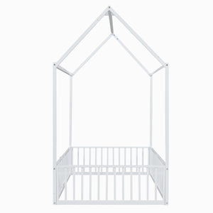English Elm Twin Metal House Bed with Roof, Fence & Door — Enclosed Playful Twin Frame for Imaginative Kids Sleeps White MF315932AAK