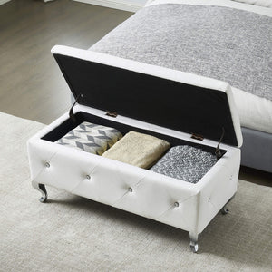 Hearth and Haven Upholstered Storage Ottoman Bench For Bedroom End Of Bed Faux Leather Rectangular Storage Benches Footrest with Crystal Buttons For Living Room Entryway (White) W2268P146682