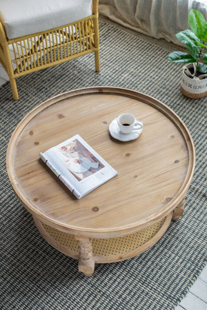English Elm D29.7" Round Two-tier Side Table Wicker Cane Shelf Turned Legs Artisan Living Room Brown W2078P155914