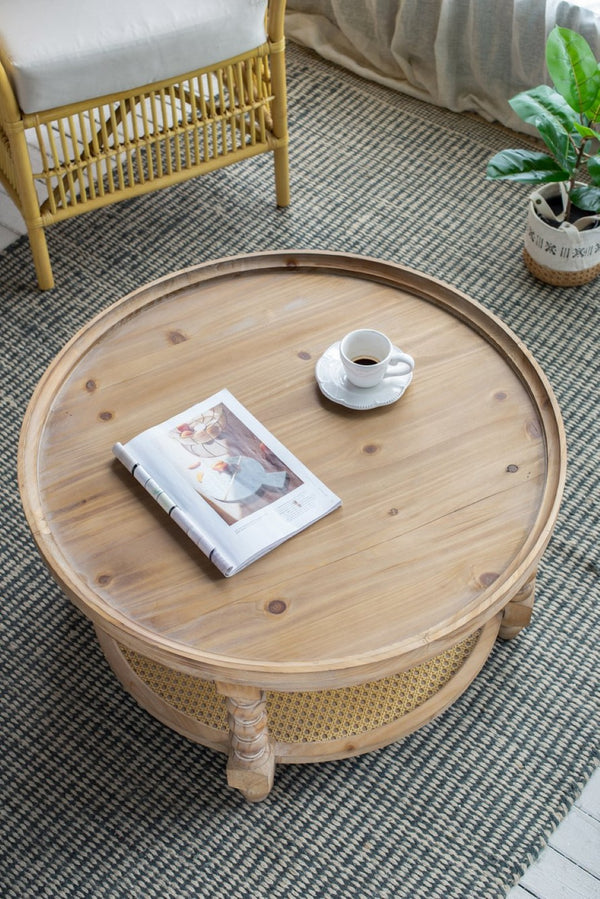 English Elm D29.7" Round Two-tier Side Table Wicker Cane Shelf Turned Legs Artisan Living Room Brown W2078P155914