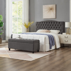 English Elm Upholstered Tufted Linen Storage Bench with Spindle Legs for Bedroom Entryway W2186P151307