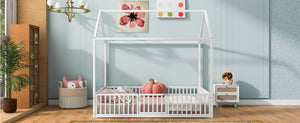 English Elm Full Size White Metal House Bed with Pitched Roof Fence and Door for Kids MF315933AAK