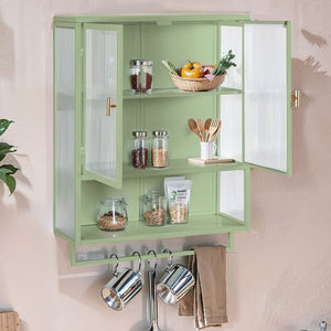 English Elm 23.62"Glass Two-Door Wall Cabinet with Fluted Tempered Glass, Open Shelf, Towel Rack, Modern Storage Green W757143037