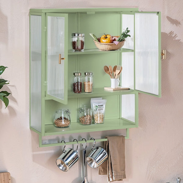 English Elm 23.62"Glass Two-Door Wall Cabinet with Fluted Tempered Glass, Open Shelf, Towel Rack, Modern Storage Green W757143037