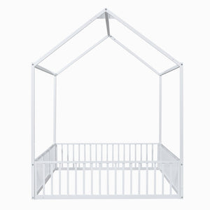 English Elm Full Size White Metal House Bed with Pitched Roof Fence and Door for Kids MF315933AAK