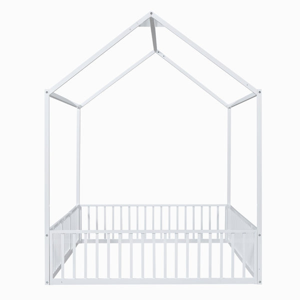 English Elm Full Size White Metal House Bed with Pitched Roof Fence and Door for Kids MF315933AAK