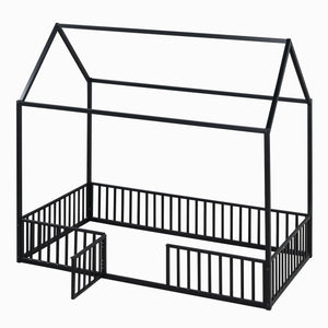 English Elm Twin Metal House Bed with Roof, Fence & Door — Enclosed Playful Twin Frame for Imaginative Kids Sleeps Black MF315932AAB