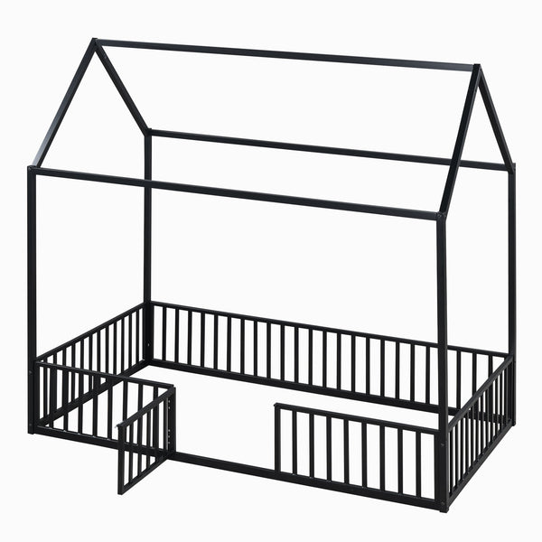 English Elm Twin Metal House Bed with Roof, Fence & Door — Enclosed Playful Twin Frame for Imaginative Kids Sleeps Black MF315932AAB