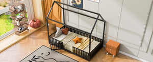 English Elm Twin Metal House Bed with Roof, Fence & Door — Enclosed Playful Twin Frame for Imaginative Kids Sleeps Black MF315932AAB