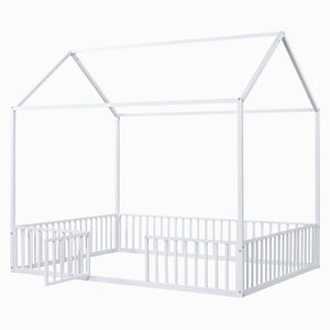 English Elm Full Size White Metal House Bed with Pitched Roof Fence and Door for Kids MF315933AAK