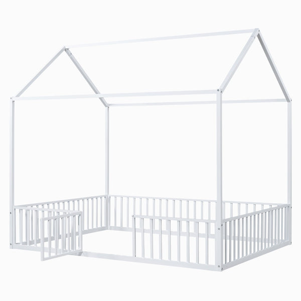 English Elm Full Size White Metal House Bed with Pitched Roof Fence and Door for Kids MF315933AAK