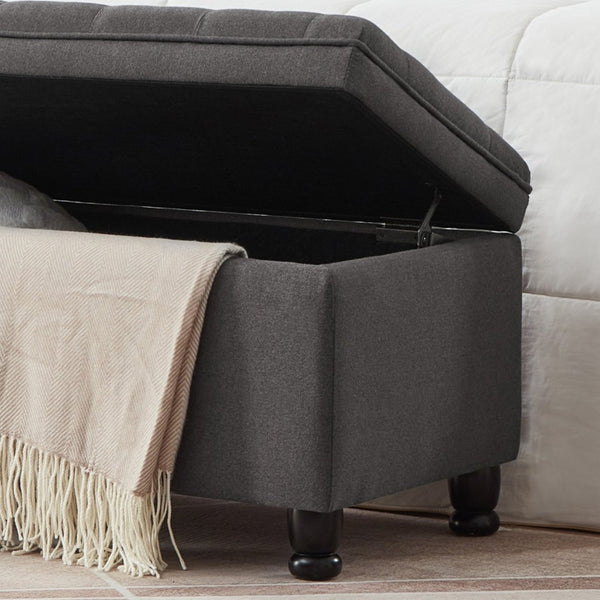 English Elm Upholstered Tufted Linen Storage Bench with Spindle Legs for Bedroom Entryway W2186P151307