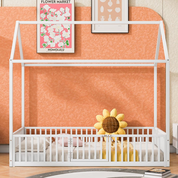 English Elm Twin Metal House Bed with Roof, Fence & Door — Enclosed Playful Twin Frame for Imaginative Kids Sleeps White MF315932AAK