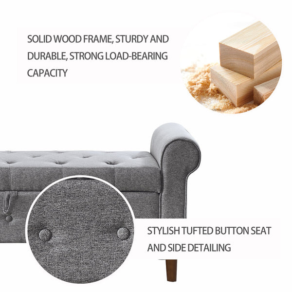 English Elm 62" Tufted Button Storage Bench with Rolled Arms, Canvas Upholstered Ottoman for Entryway & Bedroom Grey W1853141520