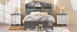 English Elm Wooden Twin Size House Bed With Storage Headboard ,Kids Bed With Storage Shelf,Grey