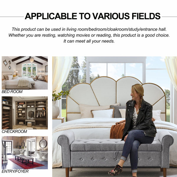 English Elm 62" Tufted Button Storage Bench with Rolled Arms, Canvas Upholstered Ottoman for Entryway & Bedroom Grey W1853141520