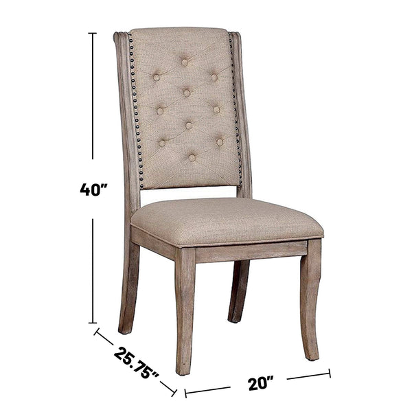 English Elm Set of 2 Beige Upholstered Side Chairs with Button Tufting, Nailhead Trim & Rustic Wood Finish B016P156590