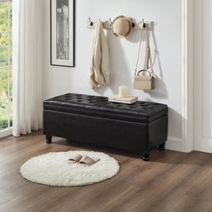 English Elm Upholstered Tufted Linen Storage Bench with Spindle Legs for Bedroom Entryway W2186P151305