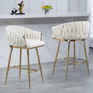 English Elm 26'' Velvet Counter Height Bar Stools Set of 2 with Hand-Wave Back, Gold Chrome Base, Plush Cushion Beige W2215P147899
