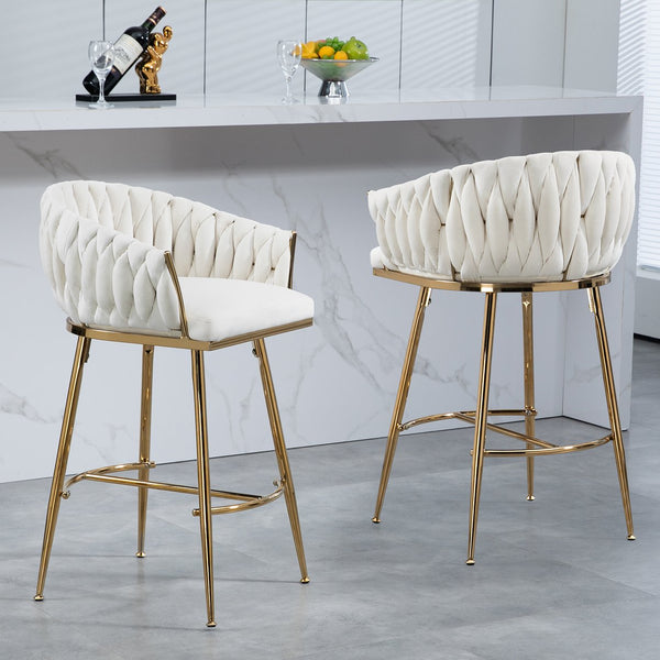 English Elm 26'' Velvet Counter Height Bar Stools Set of 2 with Hand-Wave Back, Gold Chrome Base, Plush Cushion Beige W2215P147899