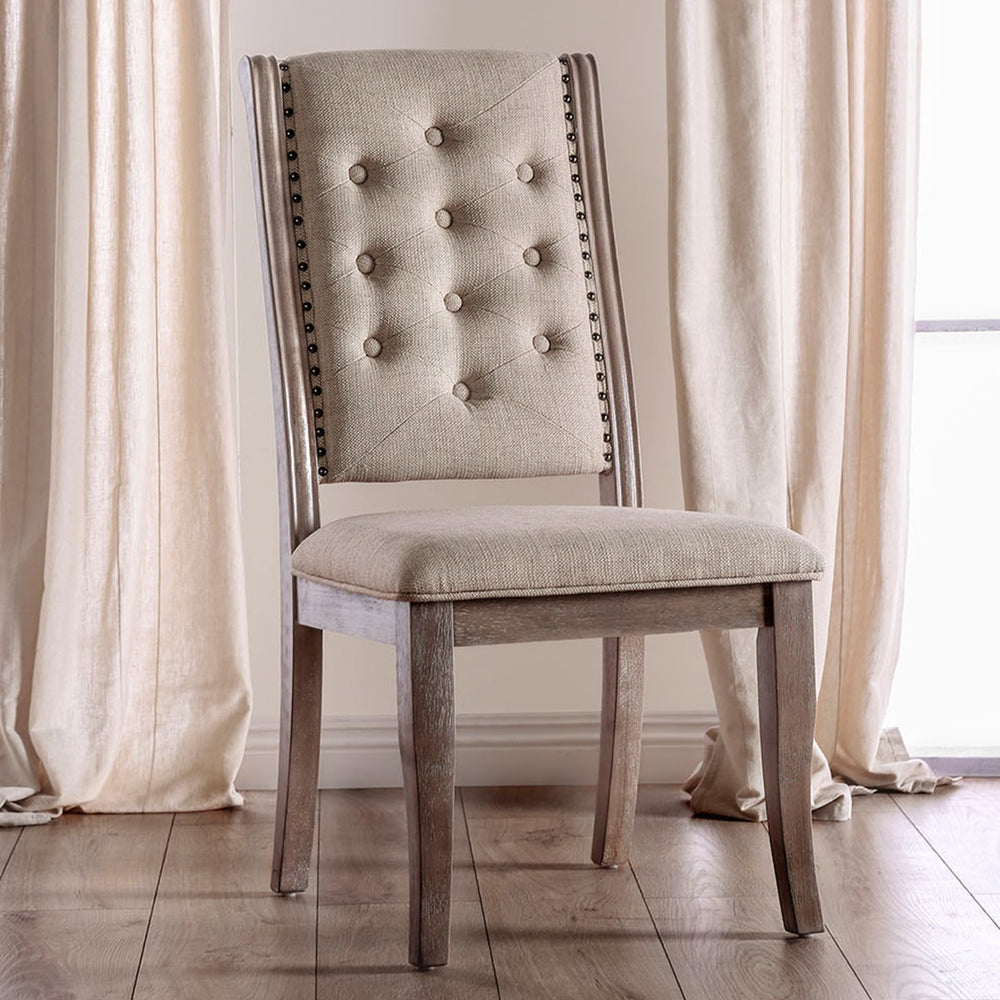 English Elm Set of 2 Beige Upholstered Side Chairs with Button Tufting, Nailhead Trim & Rustic Wood Finish B016P156590