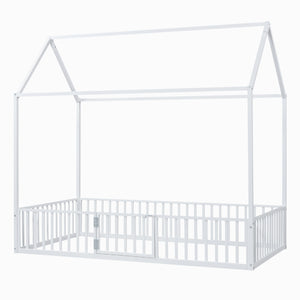 English Elm Twin Metal House Bed with Roof, Fence & Door — Enclosed Playful Twin Frame for Imaginative Kids Sleeps White MF315932AAK
