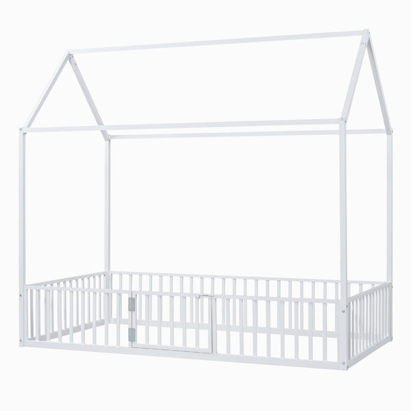 English Elm Twin Metal House Bed with Roof, Fence & Door — Enclosed Playful Twin Frame for Imaginative Kids Sleeps White MF315932AAK