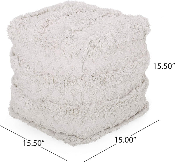 English Elm Christopher Knight Home® - WOVEN Cotton Pouf White Handwoven Boho Tufted Diamond Accent Cube Removable Cover, 18" Durable 67855.00