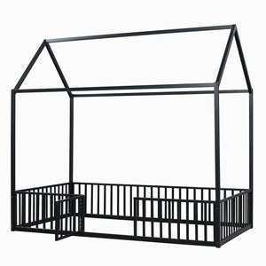 English Elm Twin Metal House Bed with Roof, Fence & Door — Enclosed Playful Twin Frame for Imaginative Kids Sleeps Black MF315932AAB