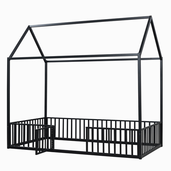 English Elm Twin Metal House Bed with Roof, Fence & Door — Enclosed Playful Twin Frame for Imaginative Kids Sleeps Black MF315932AAB