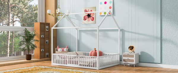 English Elm Full Size White Metal House Bed with Pitched Roof Fence and Door for Kids MF315933AAK