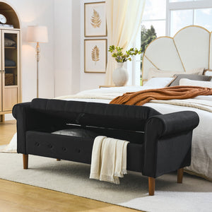 English Elm 62" Tufted Button Storage Bench with Rolled Arms, Canvas Upholstered Ottoman for Entryway & Bedroom Black W1853141522