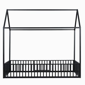 English Elm Twin Metal House Bed with Roof, Fence & Door — Enclosed Playful Twin Frame for Imaginative Kids Sleeps Black MF315932AAB