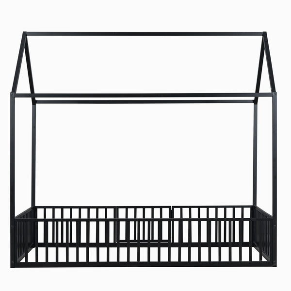 English Elm Twin Metal House Bed with Roof, Fence & Door — Enclosed Playful Twin Frame for Imaginative Kids Sleeps Black MF315932AAB