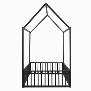 English Elm Twin Metal House Bed with Roof, Fence & Door — Enclosed Playful Twin Frame for Imaginative Kids Sleeps Black MF315932AAB