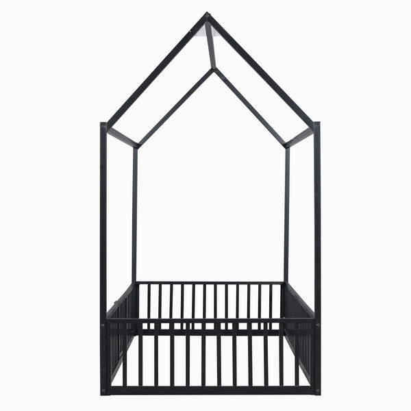 English Elm Twin Metal House Bed with Roof, Fence & Door — Enclosed Playful Twin Frame for Imaginative Kids Sleeps Black MF315932AAB