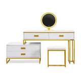 2-Piece Vanity Table Set with Stool, LED Light Mirror and 4 Drawers, Gold and White