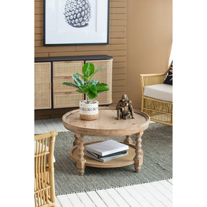English Elm D29.7" Round Two-tier Side Table Wicker Cane Shelf Turned Legs Artisan Living Room Brown W2078P155914