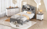 English Elm 3-Pieces Bedroom Sets Twin Size House Bed With Storage Headboard, Wooden Nightstand and Storage Dresser,Gray