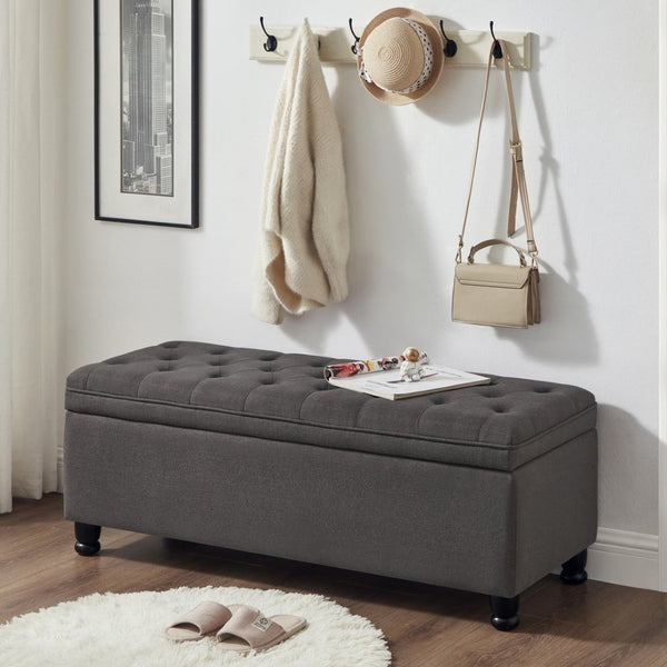 English Elm Upholstered Tufted Linen Storage Bench with Spindle Legs for Bedroom Entryway W2186P151307